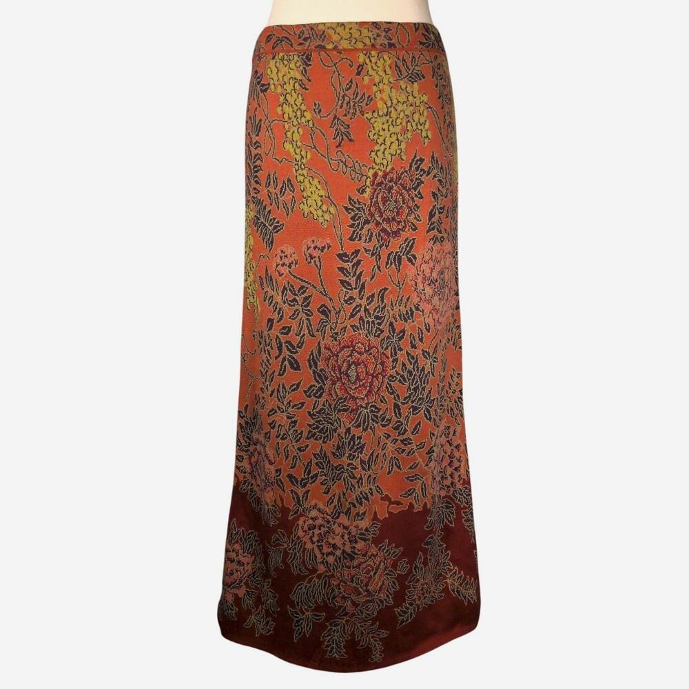 Peruvian Connection Pima Cotton Knit Midi Skirt Floral Red Orange Small *READ